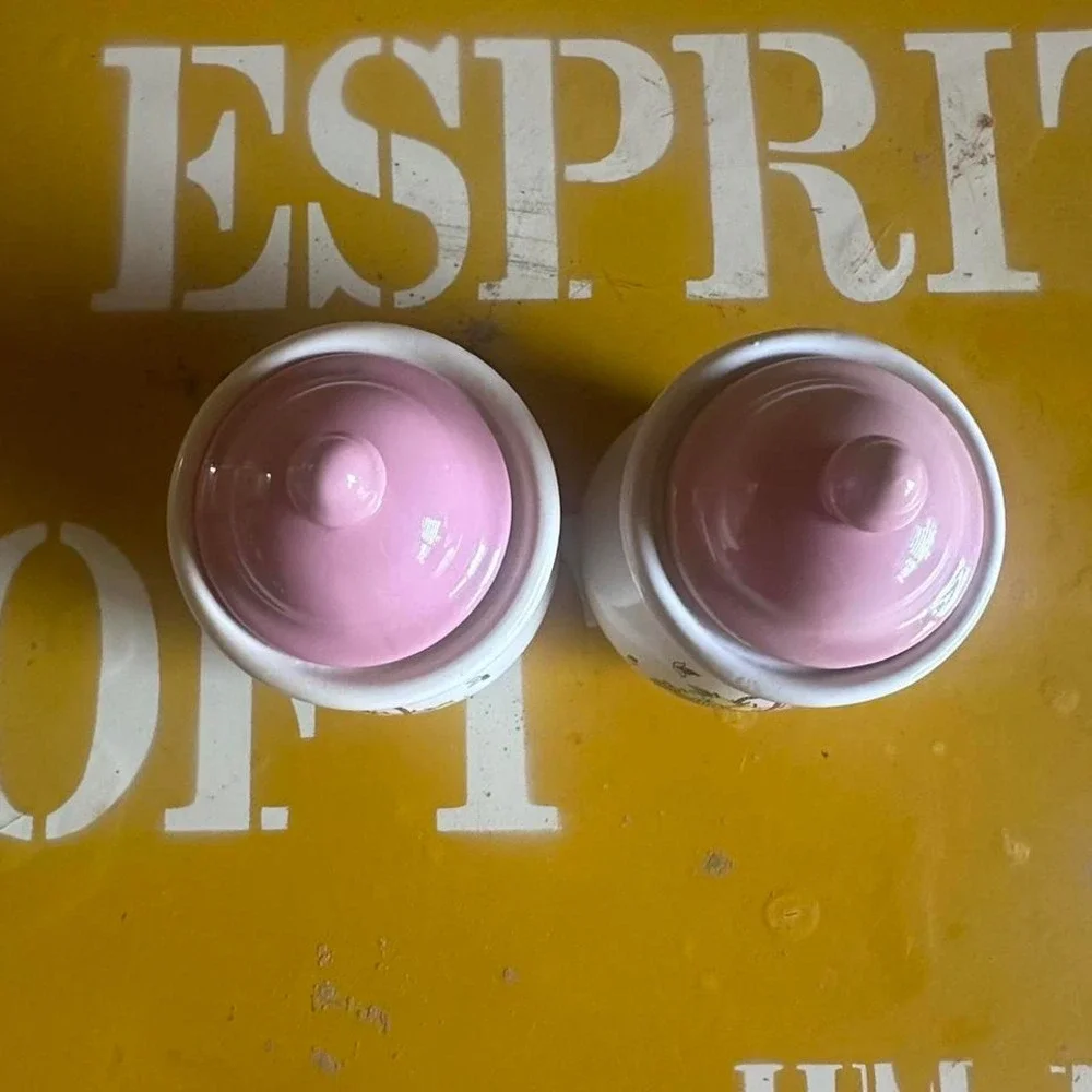 Vintage Cafe Azucar Jars Set of 2 Pastel Pink Lids Canisters Sugar Coffee Retro